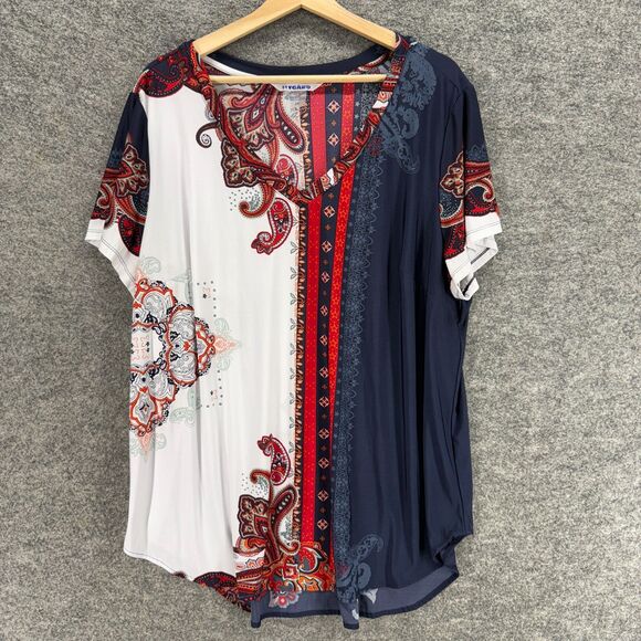 Nygard T-Shirt Women 2X Plus Blue Geometric V-Neck Short Sleeve Pullover Casual - Picture 1 of 6